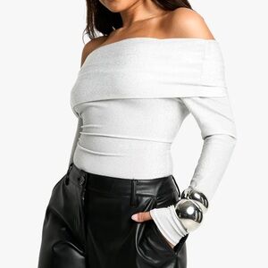 Boohoo White and Silver Off-Shoulder Top